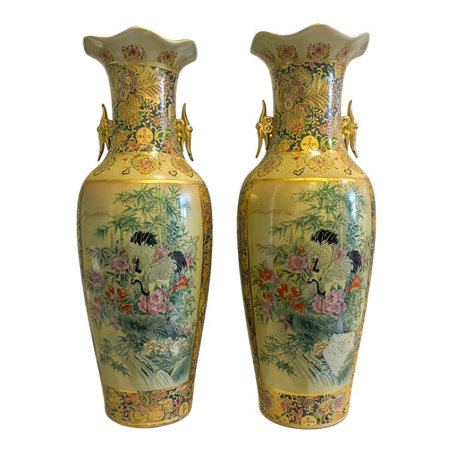 Pair of 24” Chinese Export Chinoiserie Porcelain Vases With Ruffled Edge & Gilt Animal-Form Handles – Late 20th Century For Sale