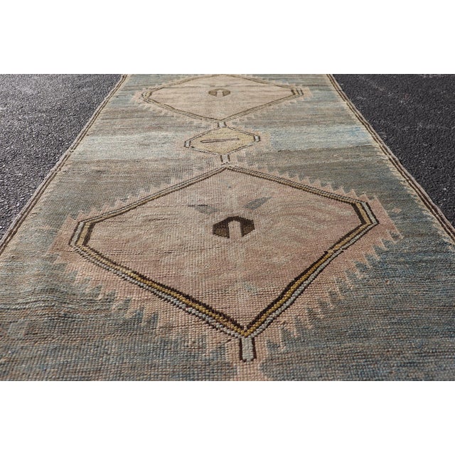 Antique Turkish Kars Rug With Geometric Medallions in Taupe and Faded Blue For Sale - Image 4 of 11