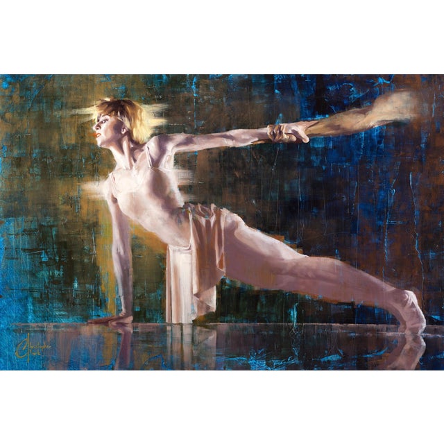 The painting depicts a poised dancer in a moment of graceful extension, her body elegantly arched as she reaches out with...