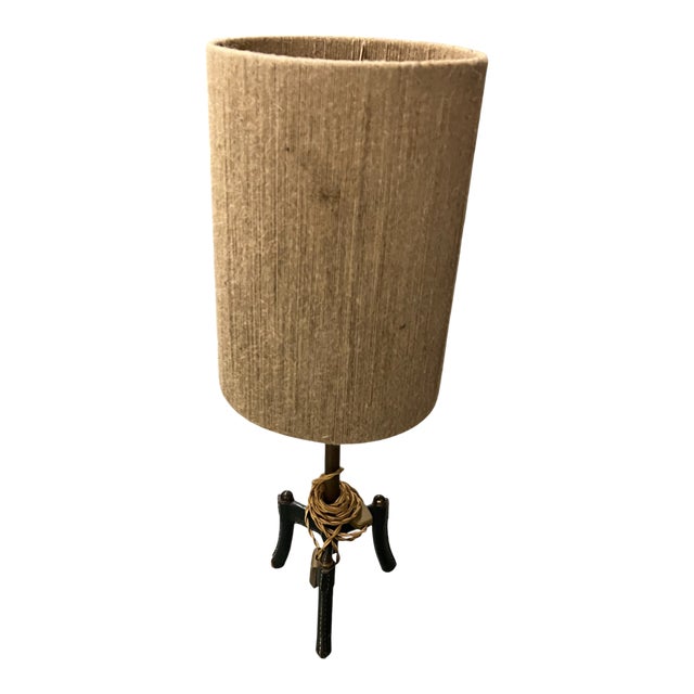 1950s Leather and Brass Table Lamp Designer: Jacques Adnet For Sale