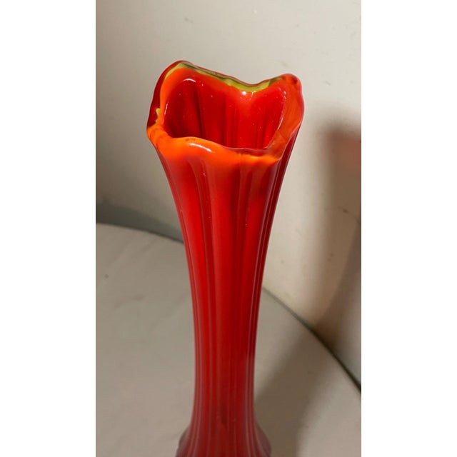 Glass Vintage Large Mid Century Modern Red Orange and Yellow Swung Vase Tall 21 Inch For Sale - Image 7 of 10