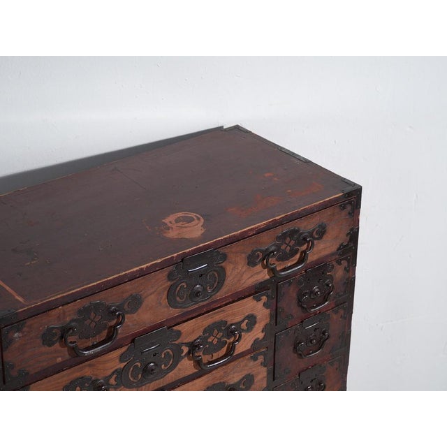 Antique japanese choba-tansu merchant chest made in keyaki wood (japanese zelkova) with forged iron hardware, dating from...