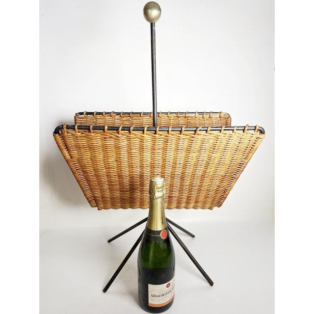 Rattan, Metal and Brass Magazine Rack, France, 1950s For Sale - Image 3 of 10