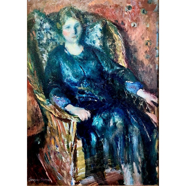 A picture of calm refined beauty, the sitter epitomizes elegant and casual repose propped up against pillow in her...