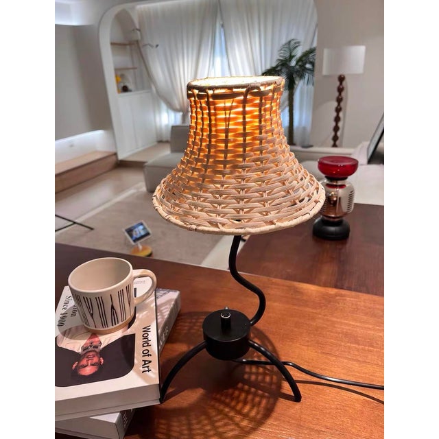 Wood Rattan Shade & Iron Curved Arm Lamp For Sale - Image 7 of 7