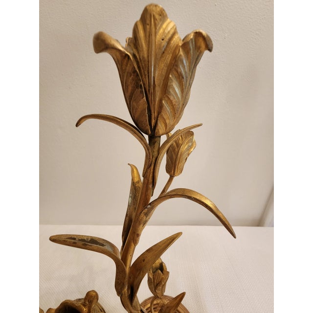 Metal Late 19th Century Art Nouveau Brass Tulip Candle Holders - A Pair For Sale - Image 7 of 10