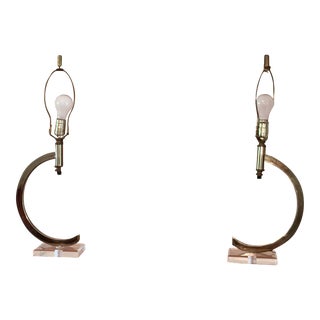 Vintage Pair of Mid-Century Brass Tone Curved Lamps on Lucite Base For Sale