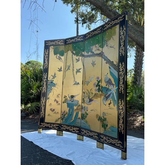 Vintage Chinese Four-Panel Chinoiserie Folding Screen With Raised Shell Birds & Gold Leaf For Sale In Tampa - Image 6 of 8
