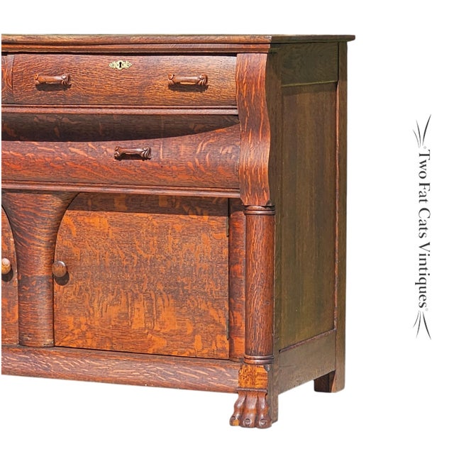 Antique Buffet | American Empire Server | Tiger Oak Sideboard With Carved Lion Paw Feet | Ogee Scroll Drawer | C1890-1915 | 54" Wide For Sale - Image 6 of 18