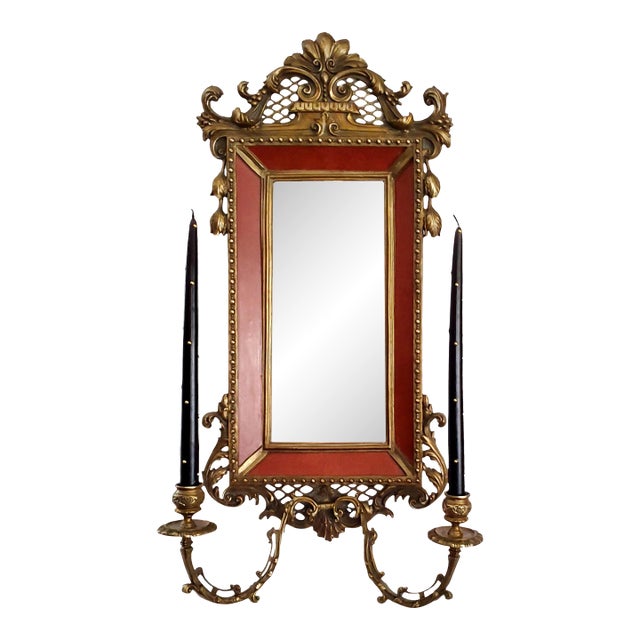 Beveled Wall Mirror With Candle Holders Faux Shagreen Red Porcelain & Brass Ormolu For Sale