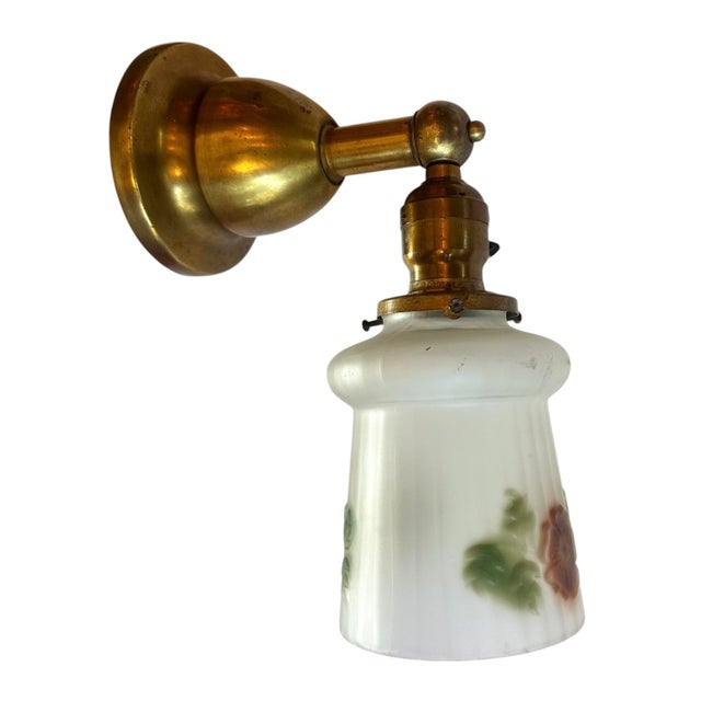 American 1920s Botanical Motif Glass Shaded Wall Sconce on Original Patina Brass Fixture For Sale - Image 3 of 5