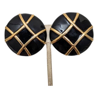 Vintage 1980s Signed Courreges Round Black Enamel Clip Earrings-2 Pieces For Sale