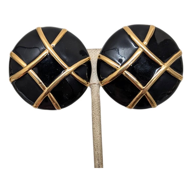 Vintage 1980s Signed Courreges Round Black Enamel Clip Earrings-2 Pieces For Sale