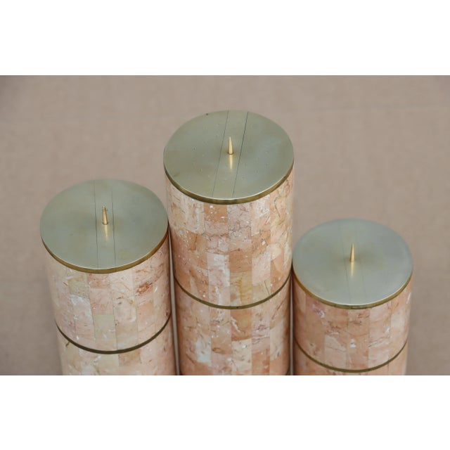 Maitland Smith Tesselated Stone And Brass Candle Holders 1980's Design - Set of 3 For Sale - Image 10 of 12