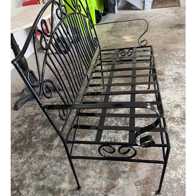 Black Vintage French Provincial Style Wrought Iron Garden Bench in Glossy Black For Sale - Image 8 of 9