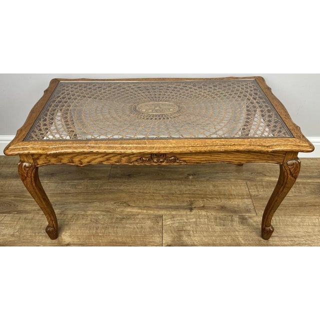 Vintage French Carved Oak Coffee Table with Glass Top For Sale - Image 14 of 14