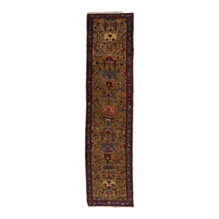Handmade Brown Antique Heriz Wool Runner With Tribal Motif From the 1920s For Sale