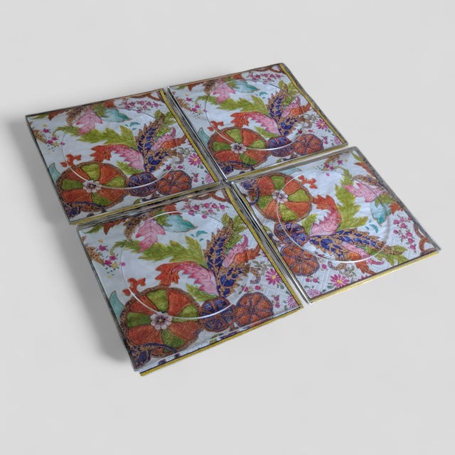 Vintage Lucite Coasters With Tobacco Leaf Napkins in Lucite Tray- Set of 5 For Sale - Image 10 of 11