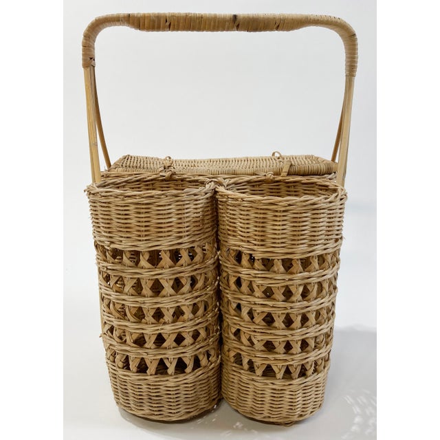 Traditional Vintage Wicker Picnic Basket With Beverage Caddy Utensil Storage For Sale - Image 3 of 7