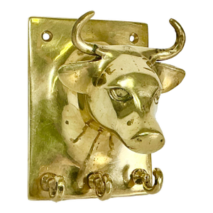 Mid-Century Boho Chic Farmhouse SoutwesternBrass Bull Wall Hooks - 3 Small Key, 1 Large Hook