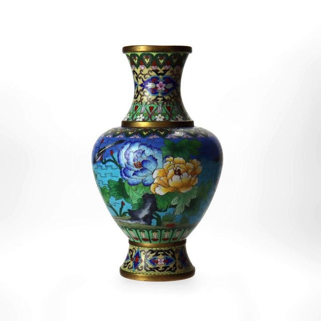 Antique Chinese Figural & Floral Cloisonne Enameled Vase C1920 For Sale - Image 4 of 10