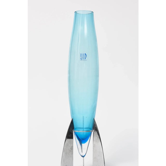 Marcello Furlan LIP Manifattura del Vetro blue murano Italian vase with chrome metal stand. The vase looks like a...