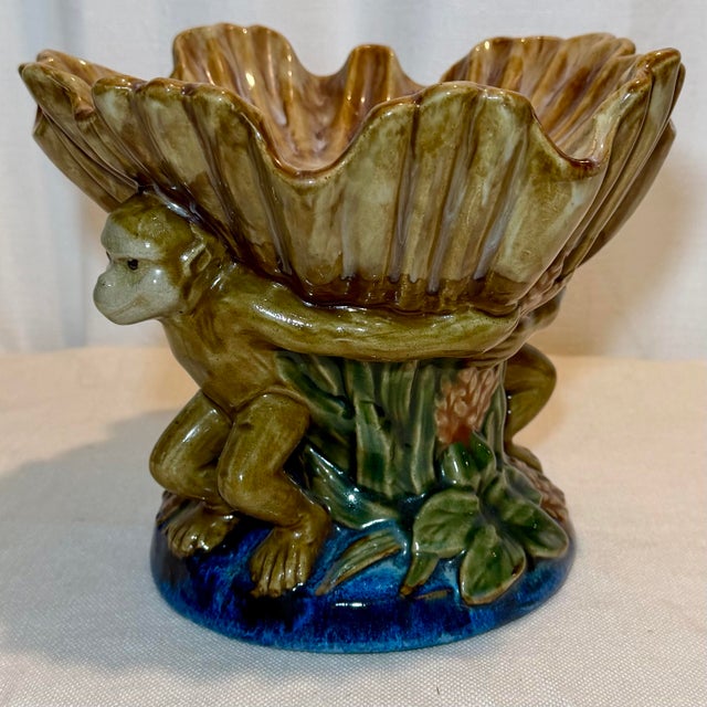 Campaign Late 20th Century Majolica Style Monkey Shell Cachepot Bowl For Sale - Image 3 of 12