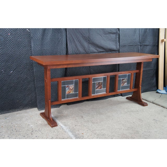 Late 20th Century Mission Arts & Crafts Leaded Stained Glass Cherry Console Hall Sofa Table 72" For Sale - Image 12 of 14
