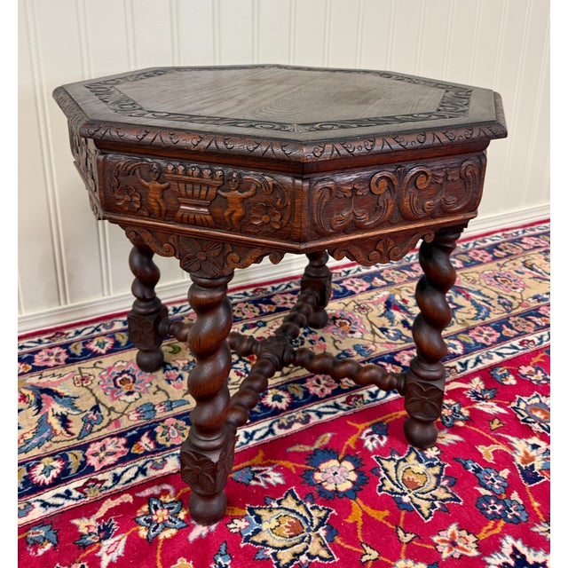 Antique French Octagonal Table Renaissance Revival Barley Twist Oak 24.5"t 19thC For Sale - Image 15 of 18