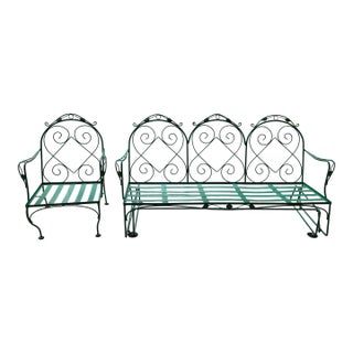 Meadowcraft Style Vintage Outdoor Wrought Iron Sofa & Chair, 2 Pieces For Sale