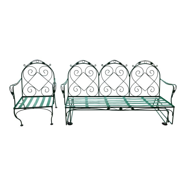 Meadowcraft Style Vintage Outdoor Wrought Iron Sofa & Chair, 2 Pieces For Sale