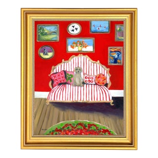 Hockney Inspired Pup on Red Striped Sofa Interior Room Portrait Oil Painting by Alexandra Swistak For Sale
