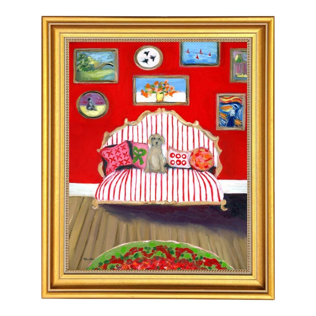 Hockney Inspired Pup on Red Striped Sofa Interior Room Portrait Oil Painting by Alexandra Swistak For Sale
