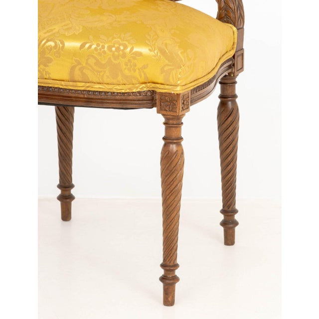 Mid 20th Century Louis XVI Style Yellow Silk Damask Upholstered Walnut Side Chair For Sale - Image 5 of 7