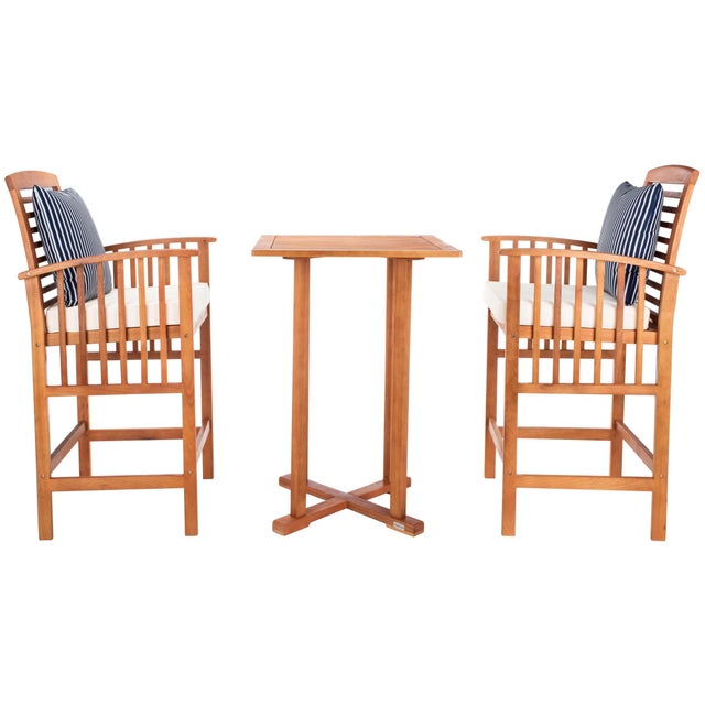 Pate 3-Piece Bar Height Bistro Set, Natural/Beige Cushion /Navy Stripe Pillow For Sale - Image 9 of 9