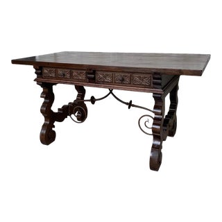 19th Century Walnut and Wrought Iron Desk With Two Drawers and Lyre Legs For Sale