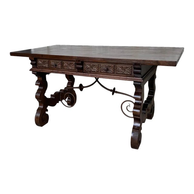 19th Century Walnut and Wrought Iron Desk With Two Drawers and Lyre Legs For Sale