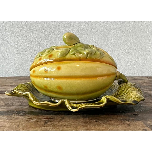 French Vintage French Sarreguemines Glazed Ceramic Lidded Melon Bowl For Sale - Image 3 of 7