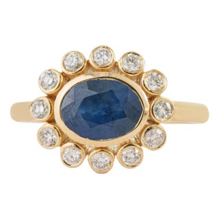 Modern 1.83ct Natural Sapphire Diamond Statement Ring in 14k Yellow Gold Size 5 For Sale
