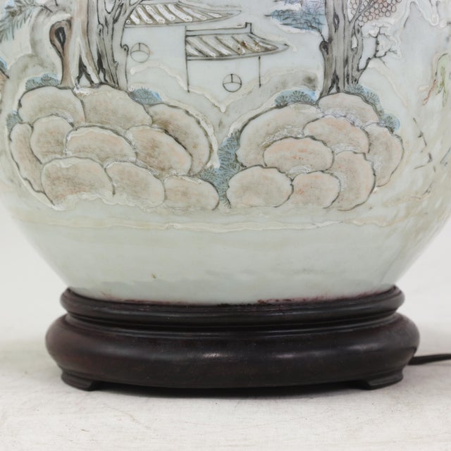 White Antique Chinese Porcelain Landscape Vase Lamp Hand Painted Mountain and Pavilion Motif For Sale - Image 8 of 14
