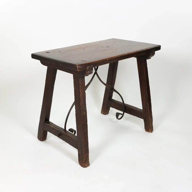 Spanish Small Scale Spanish Walnut Trestle Table With Iron Stretcher Circa 1850 For Sale - Image 3 of 7