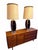 Striking pair of oversized vintage table lamps by Lawrin Lamp Company, circa 1970s. Each lamp features sculptural walnut...