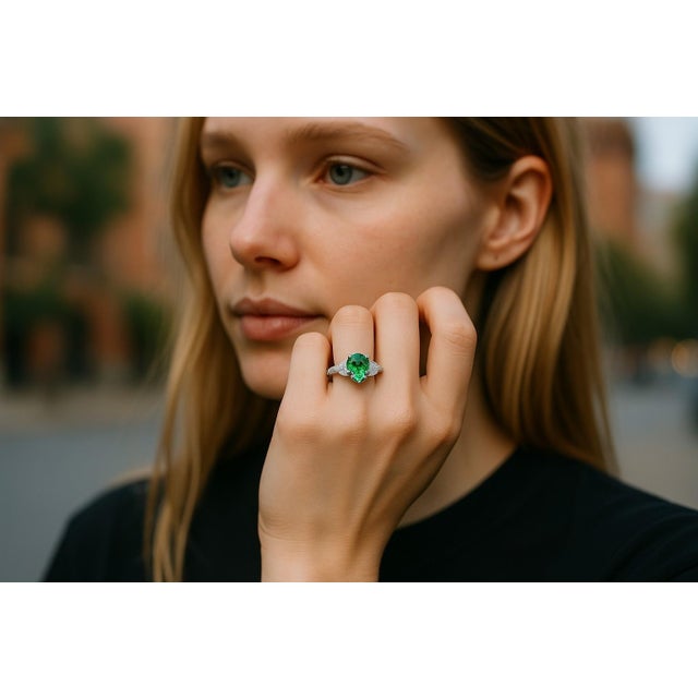 Gia Certified Colombian Pear Emerald Diamond 3.35 Carat 18 Karat Gold Ring, Size 6.25 For Sale In New York - Image 6 of 8