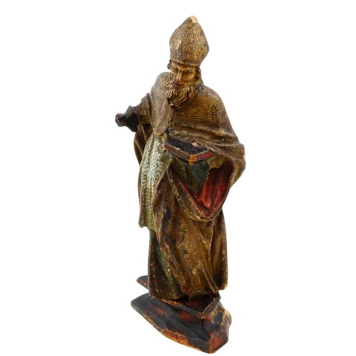 Religious Antique European Polychrome & Gilt Carved Wood Figure of a Holy Bishop, Circa 1700 For Sale - Image 3 of 10