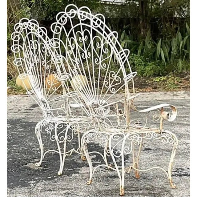 White Vintage Boho Wrought Iron Peacock Chairs After Salterini - Set of 2, Attributed For Sale - Image 8 of 8