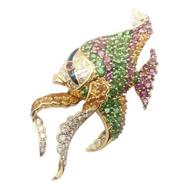 Jean Vitau Diamond Color Stone Large Angel Fish Yellow Gold Brooch For Sale - Image 10 of 10