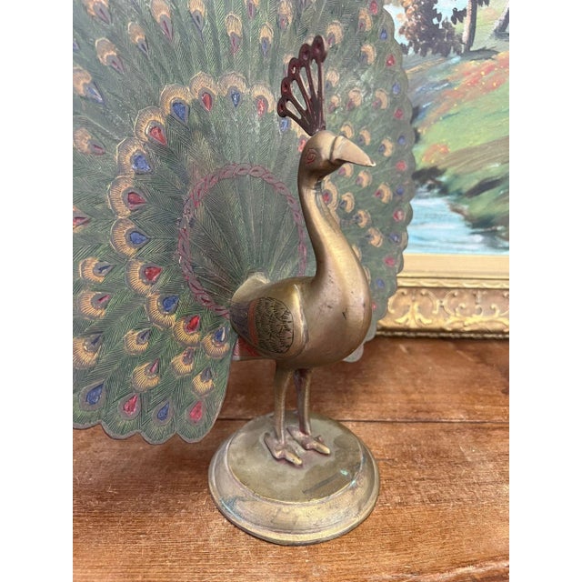 1970s Vintage Hand Painted Etched Possibly Brass Peacock Sculpture Statuette For Sale - Image 5 of 9