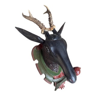 Black Forest Wood Carved Deer Head Trophy Antlers For Sale