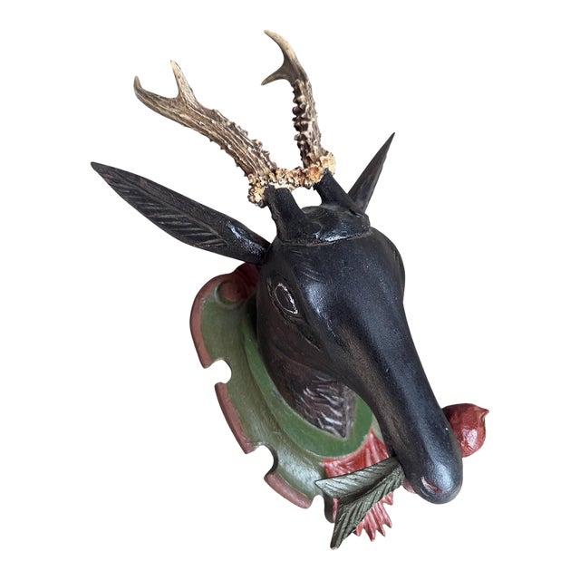 Black Forest Wood Carved Deer Head Trophy Antlers Carving For Sale