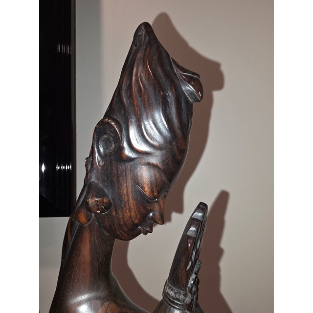 Monumental Mid-Century Balinese Art Deco Elongated Maiden Hardwood Sculpture For Sale In Phoenix - Image 6 of 12